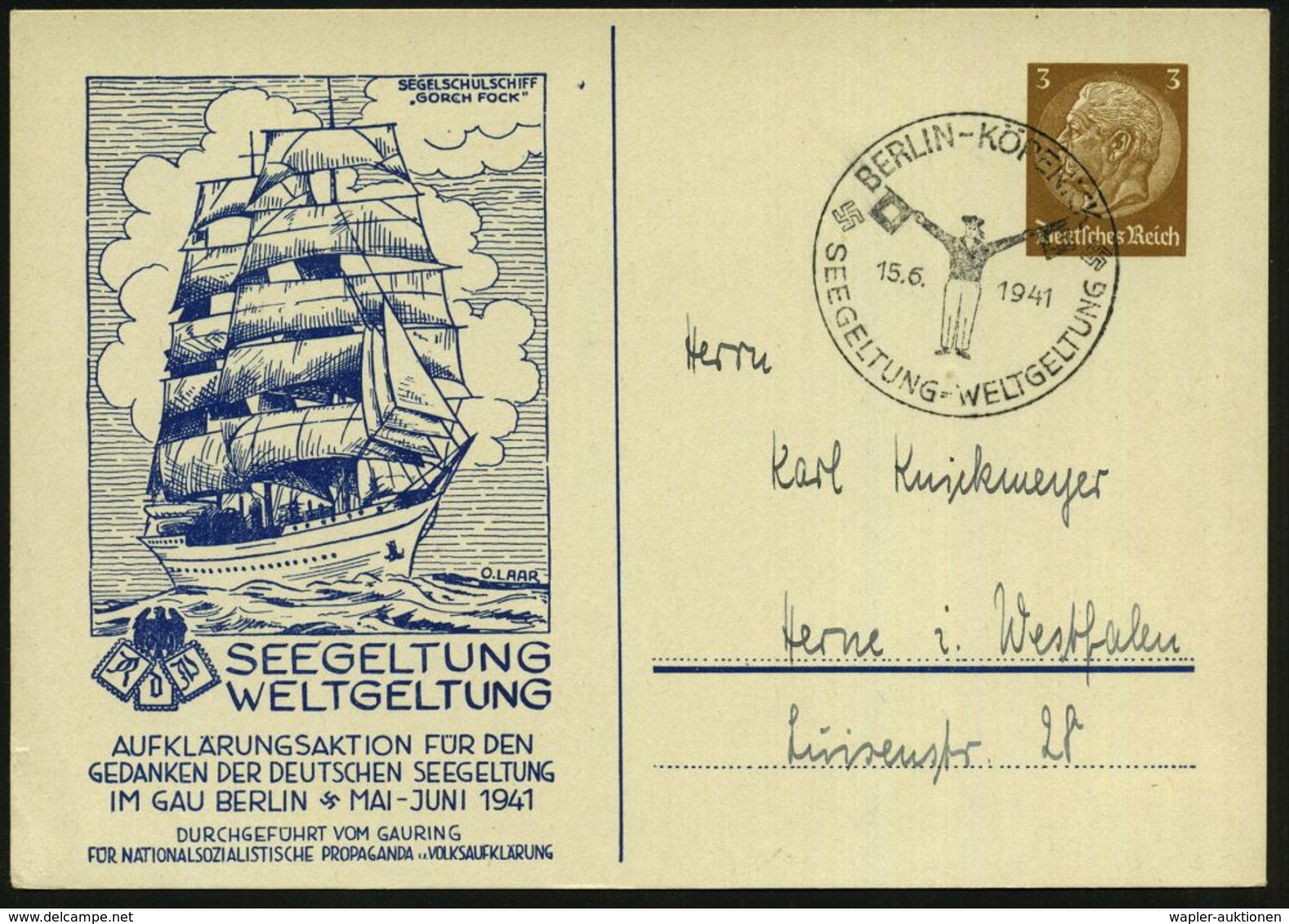 BERLIN-KÖPENICK/ SEEGELTUNG-WELTGELTUNG 1941 (15.6.) SSt = Signalgast Auf PP 3 Pf. Hindenbg.: SEGELSCHUL-SCHIFF "GORCH F - Maritime