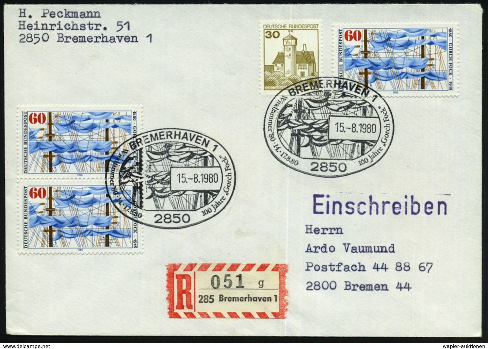 2850 BREMERHAVEN 1/ 100 Jahre "Gorch Fock".. 1980 (15.8.) SSt = Takelage Auf 3x 60 Pf. "Gorch Fock" U.a. (Mi.3x 1058 U.a - Maritime