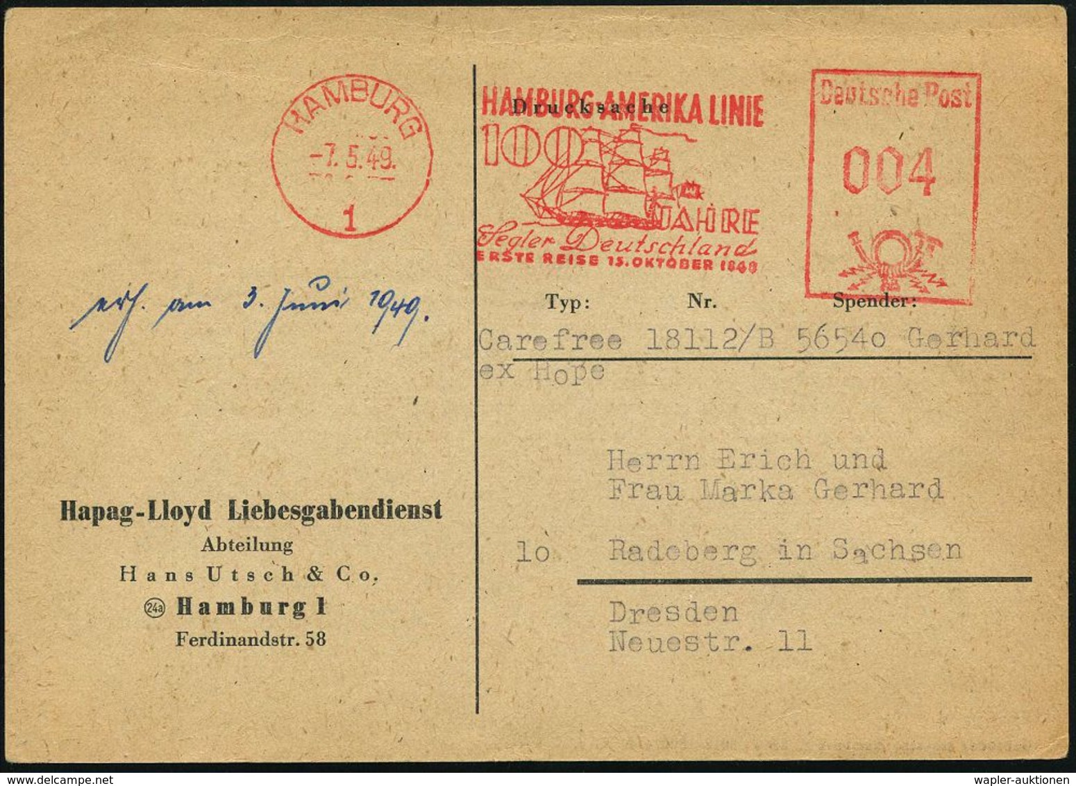 HAMBURG/ 1/ HAMBURG-AMERIKA LINIE/ 100 JAHRE/ Segler Deutschland/ ERSTE REISE 15.OKT.1848 1949 (7.5.) Sehr Seltener AFS  - Marítimo