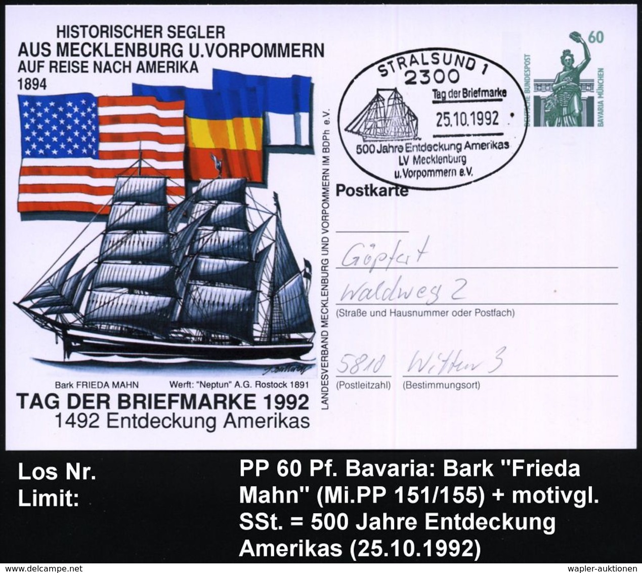 2300 STRALSUND 1/ Tag D.Briefmarke/ 500 Jahre Entdeckung Amerikas 1992 (25.10.) SSt = 3-Mastbark "Frieda Mahn" Auf Motiv - Maritime