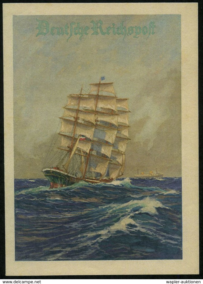 DEUTSCHES REICH 1932 (12.12.) Schmuckblatt-Telegramm: Segelschiff Mit Reichsflagge (schw./weiß/rot) Blaue Linien-Flagge  - Marítimo