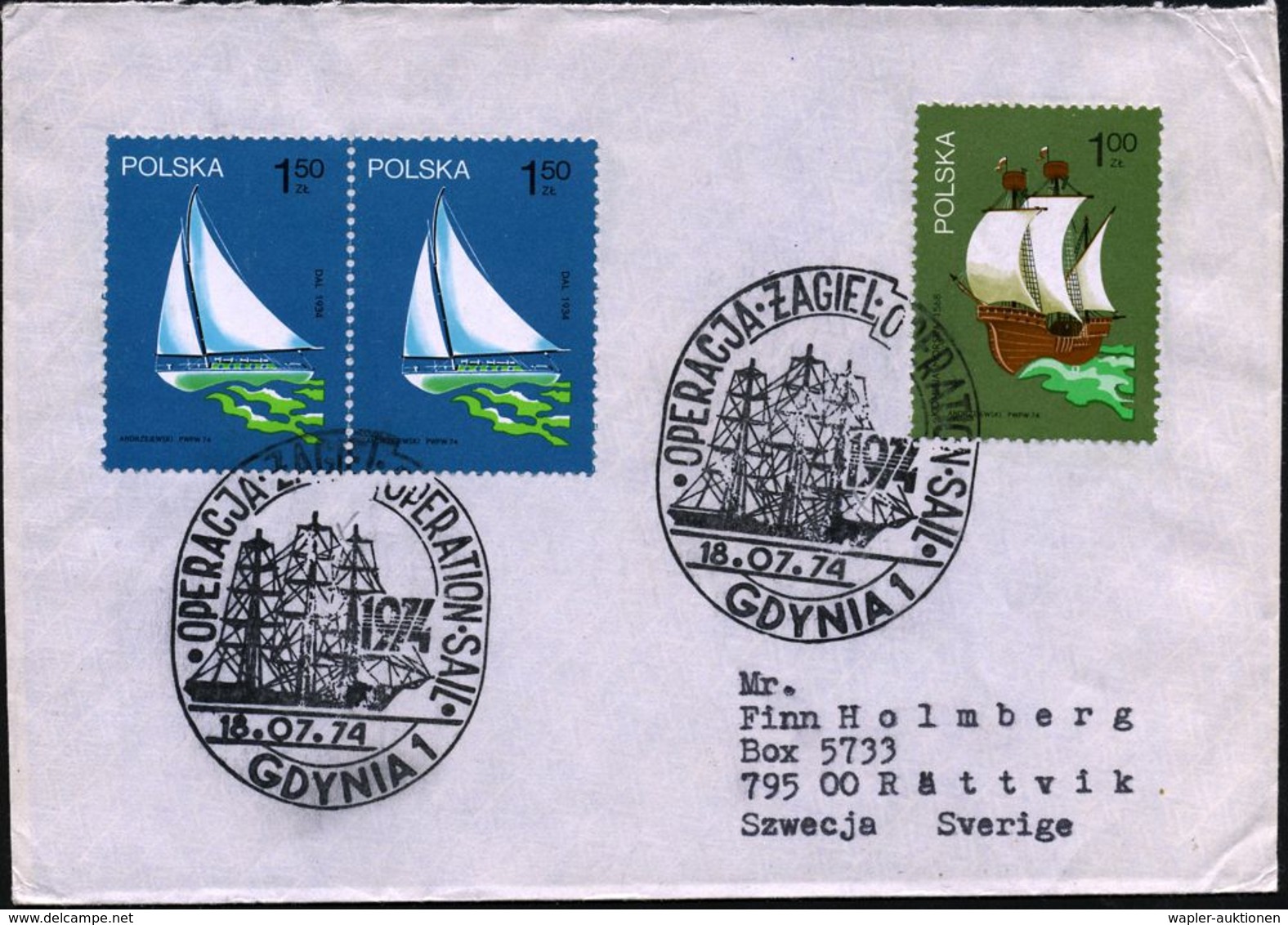 POLEN 1974 (18.7.) SSt.: GDYNIA 1/..OPERATION SAIL 2x A. Segelschiffe 1 Zl. Hansekogge + 2x 1,50 Zl. Atlantiksegler "Dal - Maritime