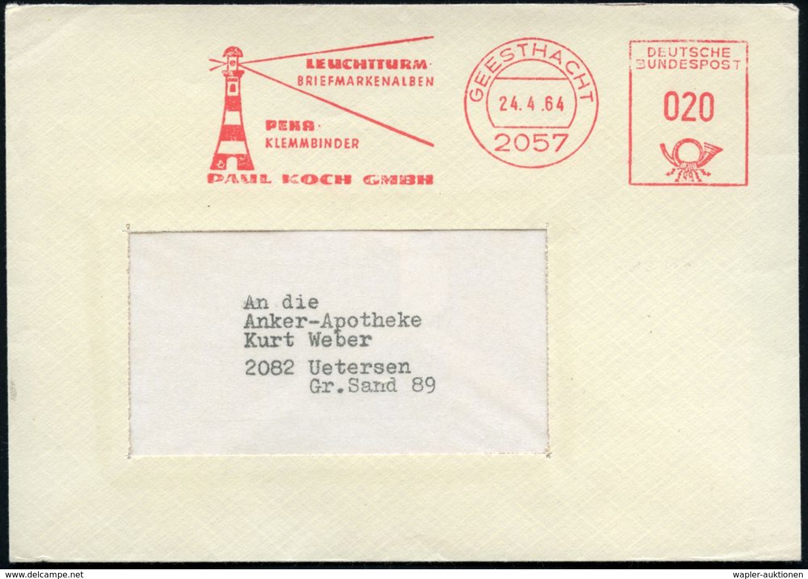 2057 GEESTHACHT/ LEUCHTTURM/ BRIEFMARKENALBEN/ ..P.KOCH 1964 (24.4.) AFS = Leuchtturm (mit Lichtkegel) Klar Gest. Fern-B - Phares