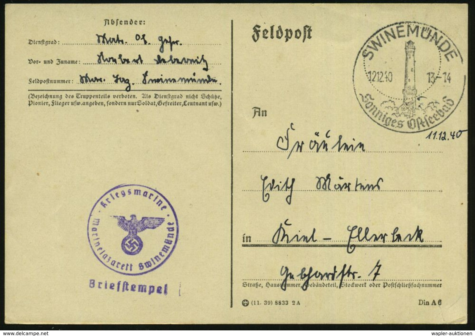 SWINEMÜNDE / Sonniges Ostseebad 1940 (12.12.) HWSt = Leuchtturm + Viol. HdN: Marinelazarett Swinemünde, Klar Gest. Feldp - Phares