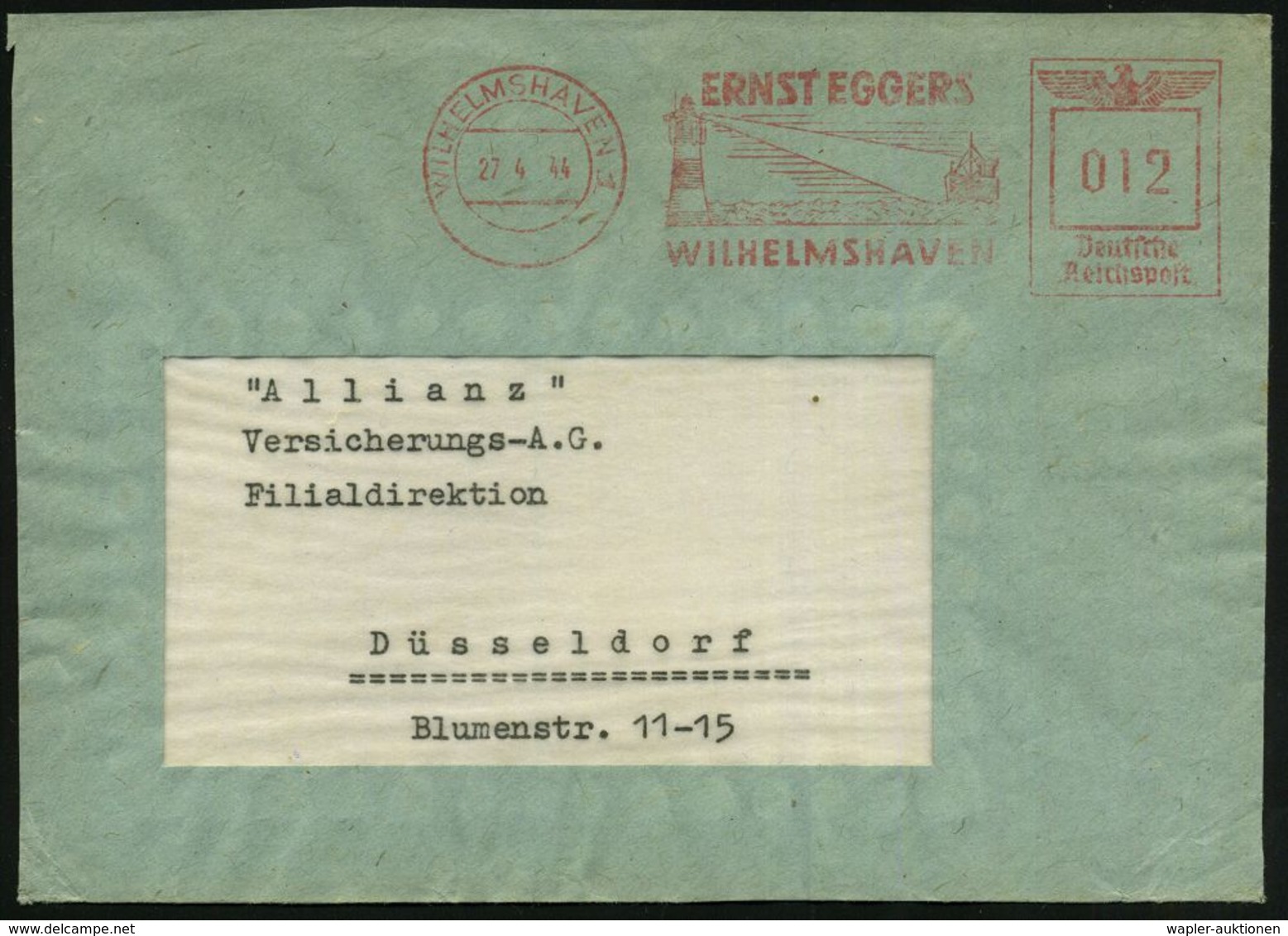WILHELMSHAVEN 1/ ERNST EGGERS 1944 (27.4.) Dekorat. AFS = Leuchtturm (mit Lichtkegel Erfasst Schiff) Bedarfs-Vorderseite - Faros