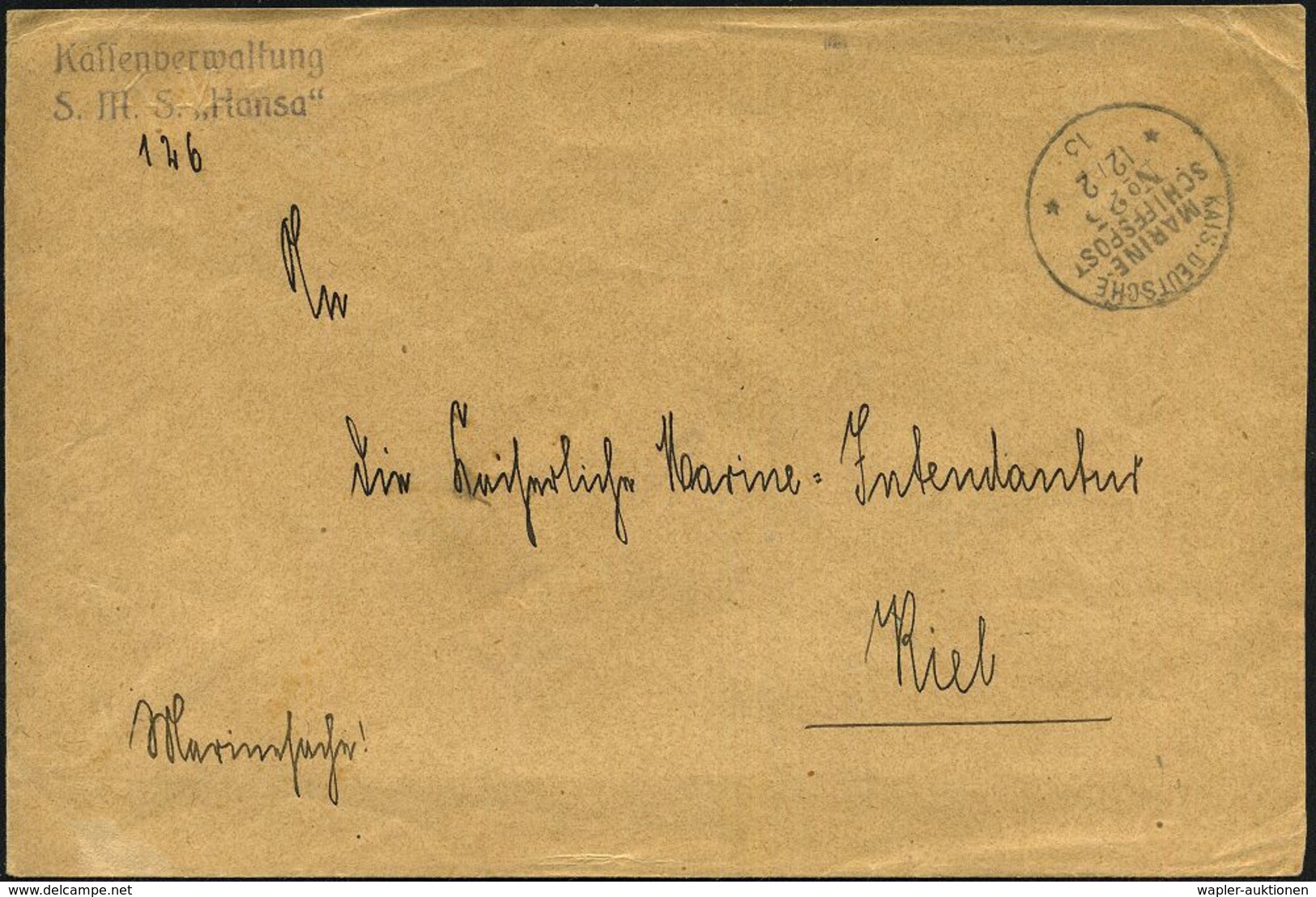 DEUTSCHES REICH 1913 (12.2.) 1K-BPA: KAIS. DEUTSCHE/MARINE-/SCHIFFSPOST/No.25/** = Gr. Kreuzer, Seekadetten-Schulkreuzer - Schiffahrt