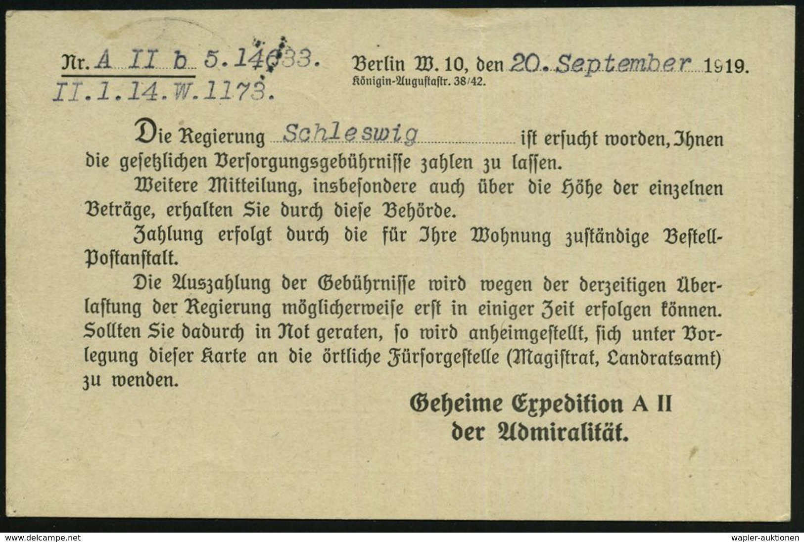 BERLIN W/ *10* 1919 (30.9.) 1K-Steg Auf Dienst-Kt.: REICHS-MARINE-AMT Mit Altem Kaiser-Adler "Marinesache" , Rs. Vordruc - Maritime