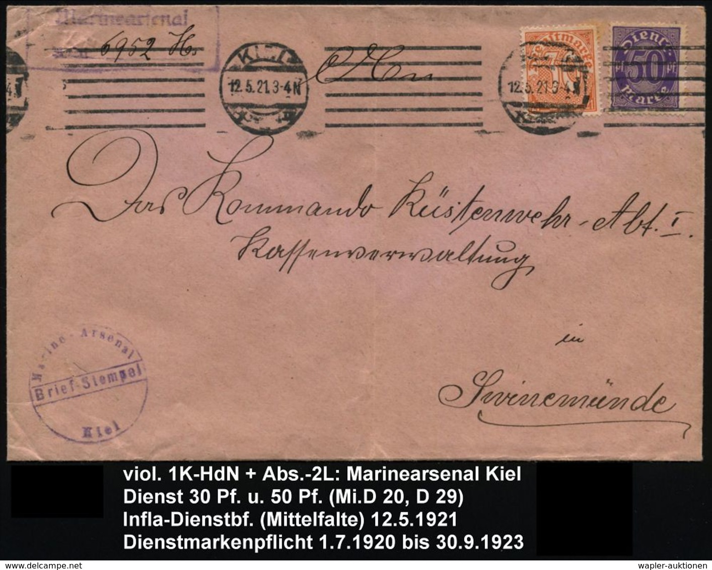 KIEL/ *1n 1921 (12.5.) Bd.Ma.Strich.St A. Dienst 30 Pf. U. 50 Pf. + Viol. 2L: Marinearsenal.. + Viol. 1K-HdN: Marine-Ars - Maritime