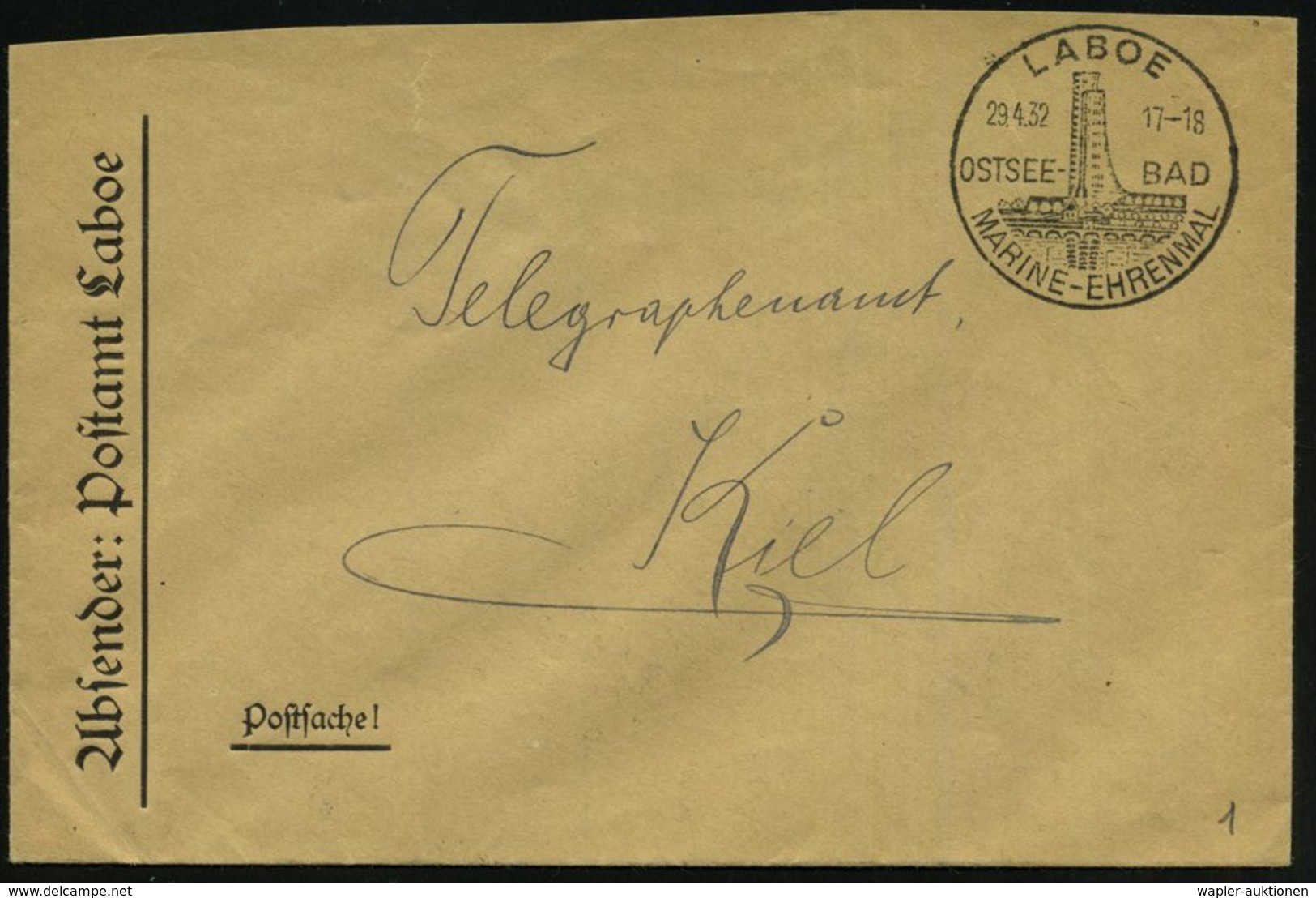 LABOE/ OSTSEE-BAD/ MARINE-EHRENMAL 1932 (29.4.) HWSt = Marine-Ehrenmal Klar Auf Postdienst-Bf.: Postamt Laboe (Bo.1) - - Maritime