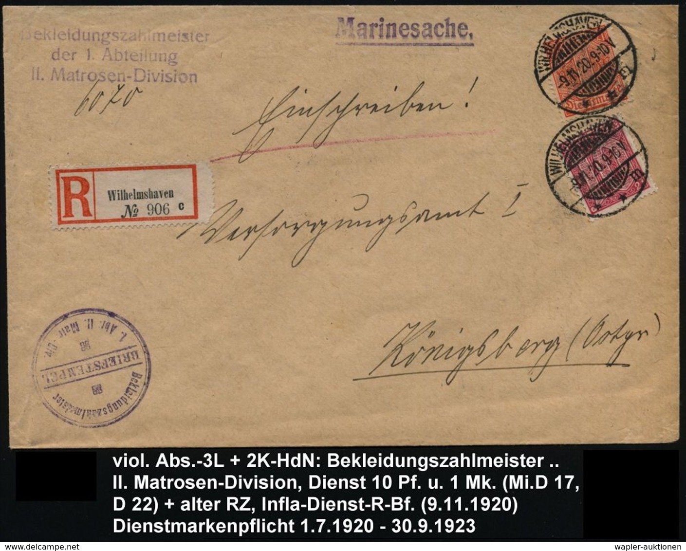WILHELMSHAVEN/ **m 1920 (9.11.) 1K-Gitter A. Dienst 10 Pf. U. 1 Mk. + Viol. 3L: Bekleidungszahlmeister/der 1. Abteilung/ - Maritime