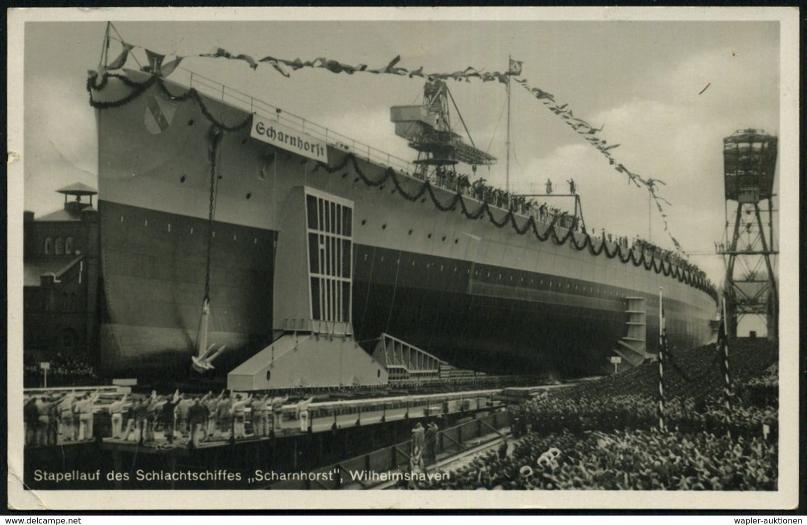 DEUTSCHES REICH 1938 (11.1.) 2K Auf S/w.-Foto-Ak.: Stapellauf Des Schlachtschiffes "Scharnhorst" (3.10.1936 Indienststel - Maritime