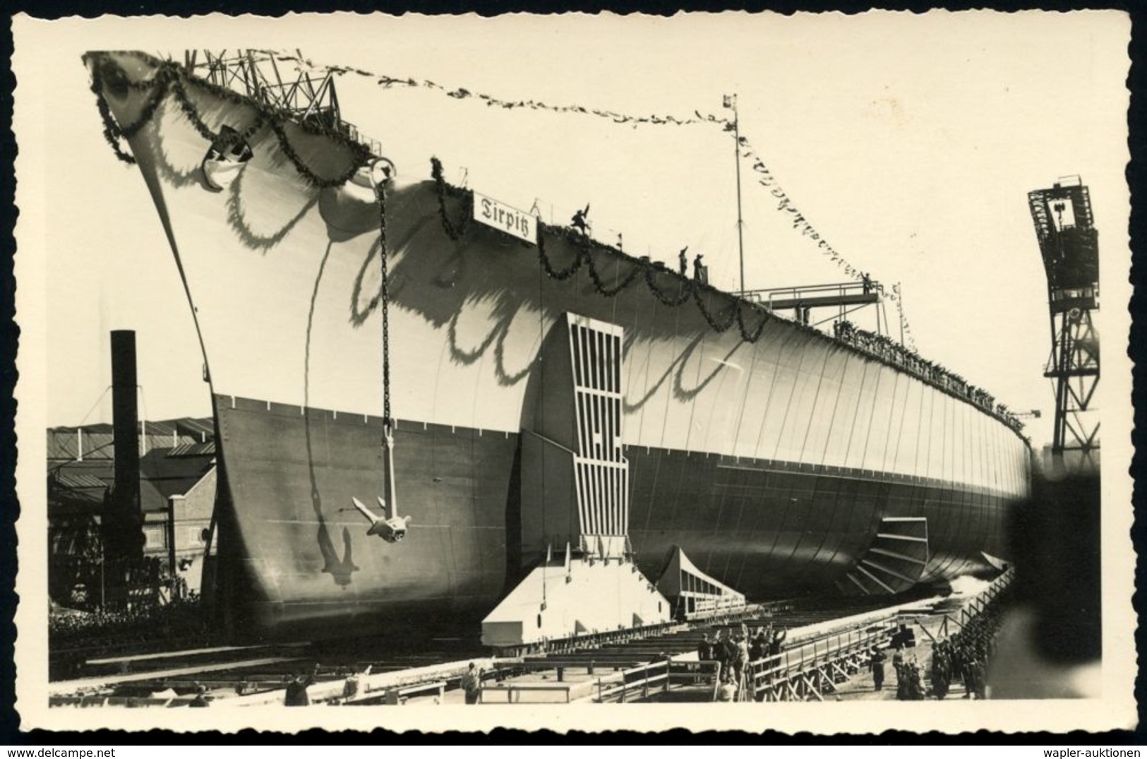 DEUTSCHES REICH 1939 (1.4.) S/w.-Foto-Ak.: Stapellauf Schlachtschiff "Tirpitz" In Wilhelmshaven (Indienststellung 25.2.4 - Maritime