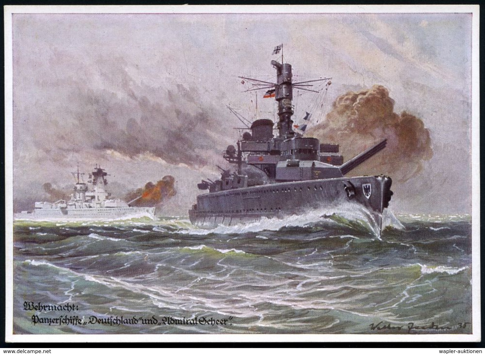 DEUTSCHES REICH 1938 (ca.) Color-Künstler-Ak.: Panzerschiff "Deutschland" U. "Admiral Scheer" (feuernd) Sign. W. Zeeden  - Maritime