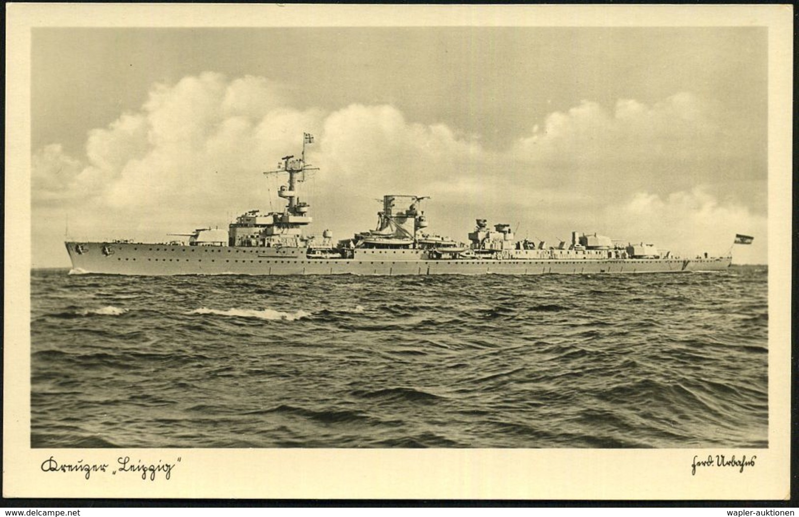 DEUTSCHES REICH 1936 (ca.) S/w.-Foto-Ak.: (Leichter) Kreuzer "Leipzig" , Ungebr. (Verlag M. Dieterle, Kiel) - - Maritime