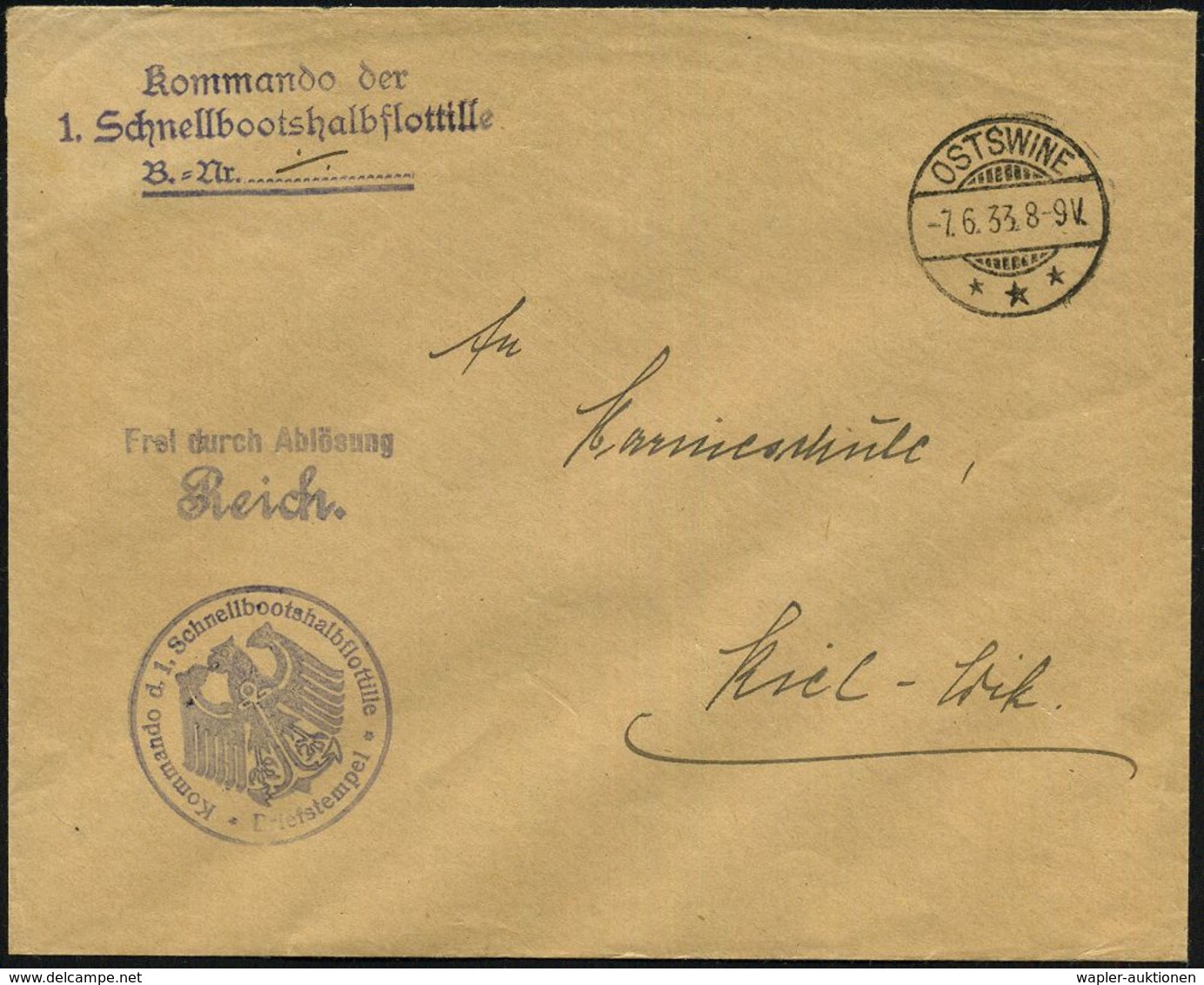 OSTSWINE/ *** 1933 (7.6.) 1K-Gitter + Viol. 1K-HdN: Kommando D. 1. Schnellbootfalbflottille Noch Alter Weimarer Adler +  - Marittimi
