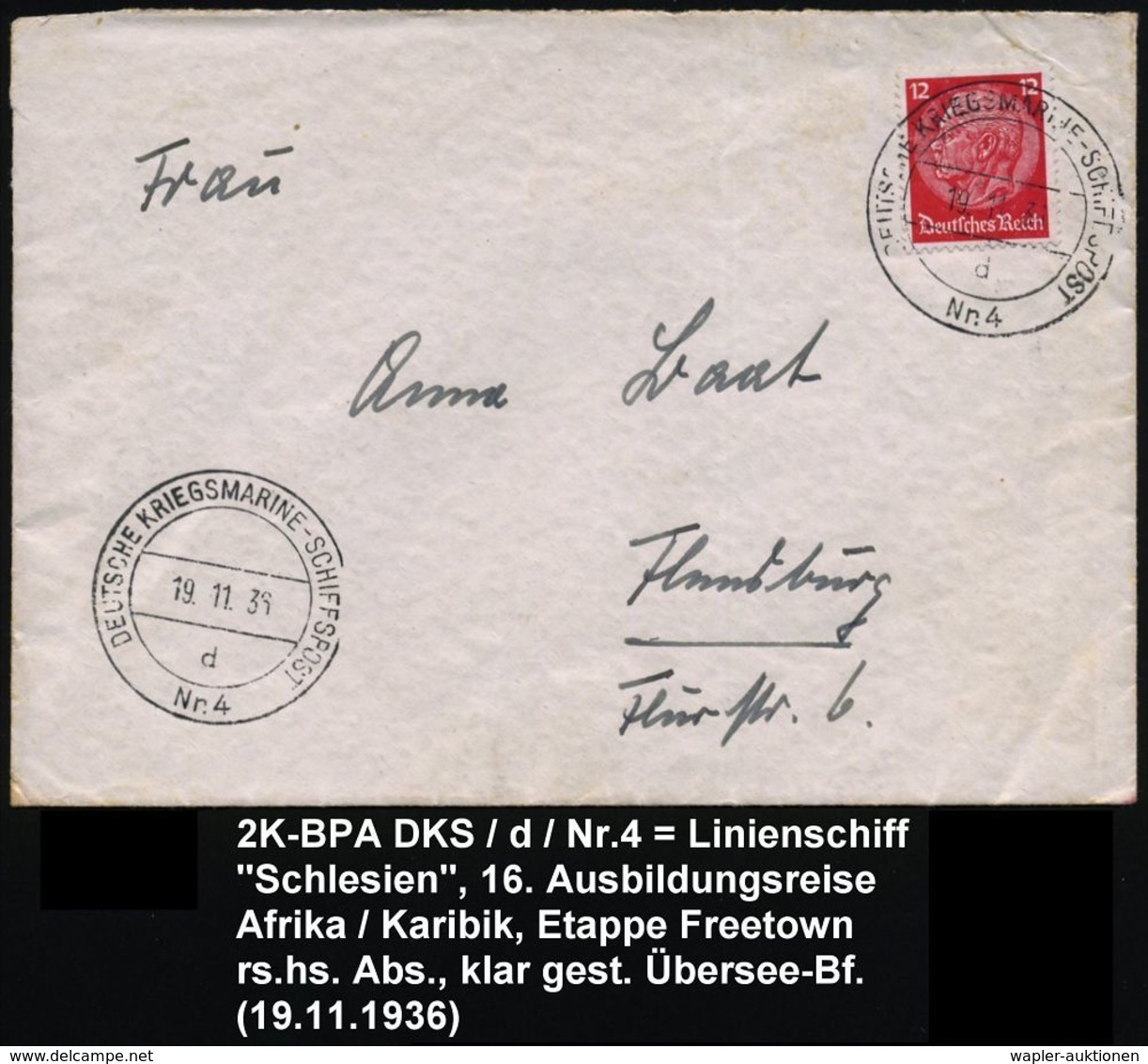 DEUTSCHES REICH 1936 (19.11.) 2K-BPA.: DEUTSCHE KRIEGSMARINE-SCHIFFSPOST/d/Nr.4 = Linienschiff "Schlesien" , 2x Klar + R - Maritime