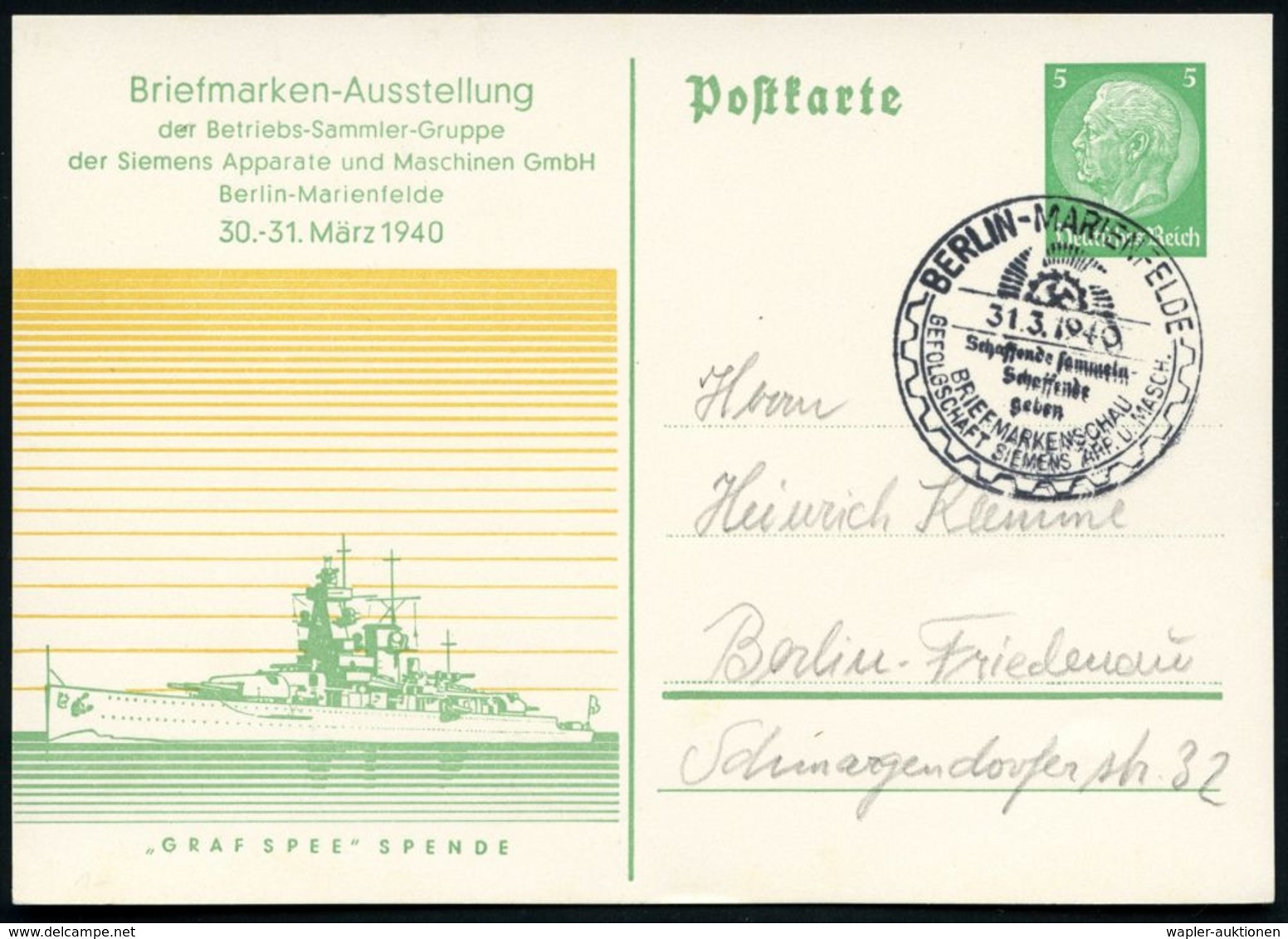 BERLIN-MARIENFELDE/ ..BRIEFMARKENSCHAU..SIEMENS 1940 (31.3.) SSt Auf Passender PP 5 Pf. Hindenbg., Grün: "GRAF SPREE-SPE - Maritime