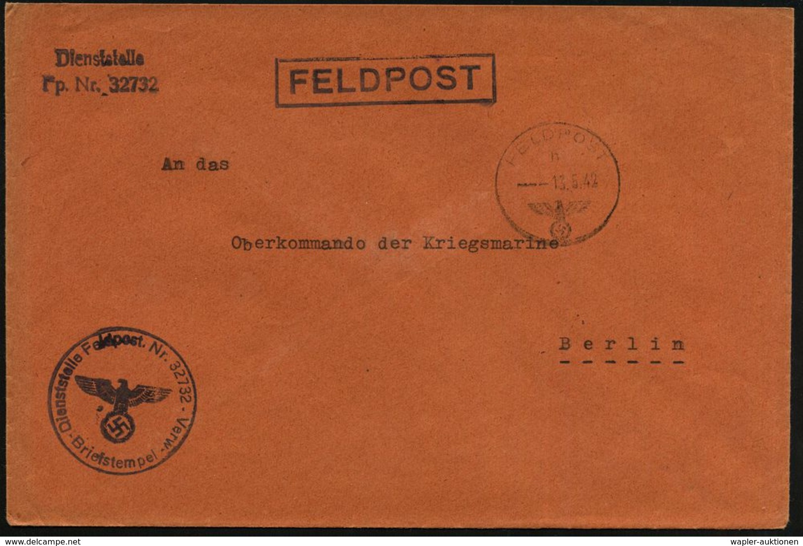 DEUTSCHES REICH 1942 (13.5.) 1K: FELDPOST/h/--- + Viol. 1K-HdN: Feldpost Nr. 32 732 = Deutsche Seetransportchef Italien  - Maritime