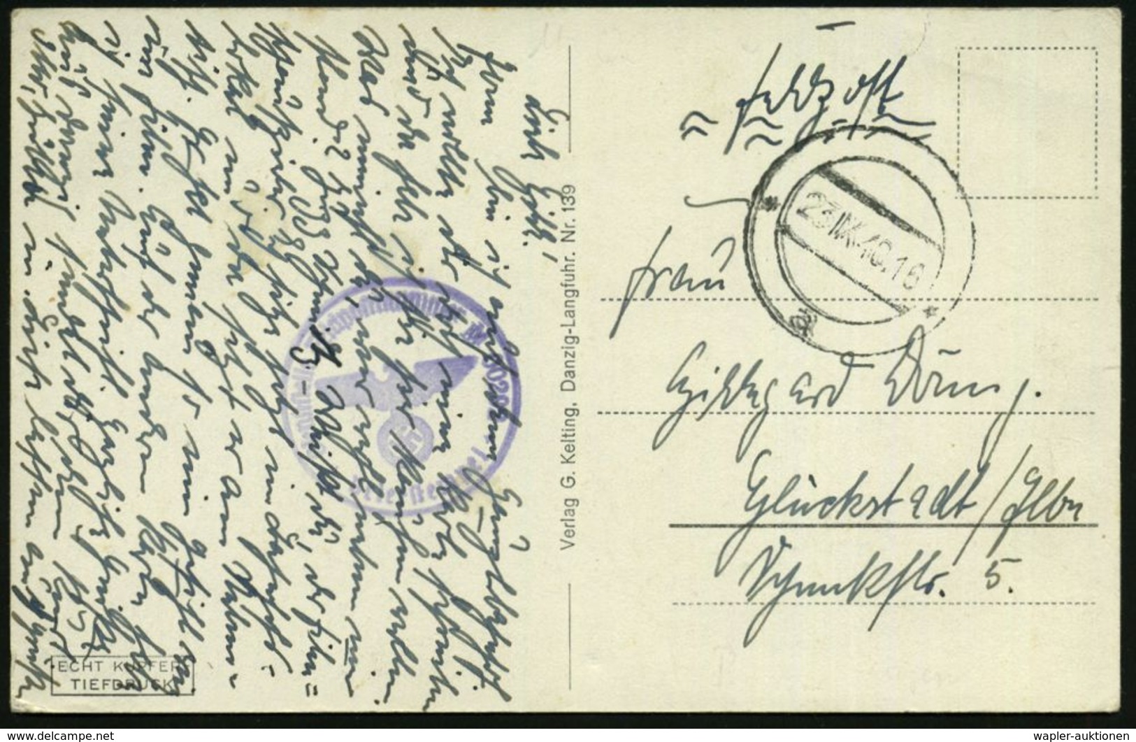 Danzig 1940 (23.9.) Stummer 2K (apt., Polnischer Stempel) = Tarnstempel Danzig + Viol. 1K-HdN: Feldpostnr. M 00292 = Sch - Maritime