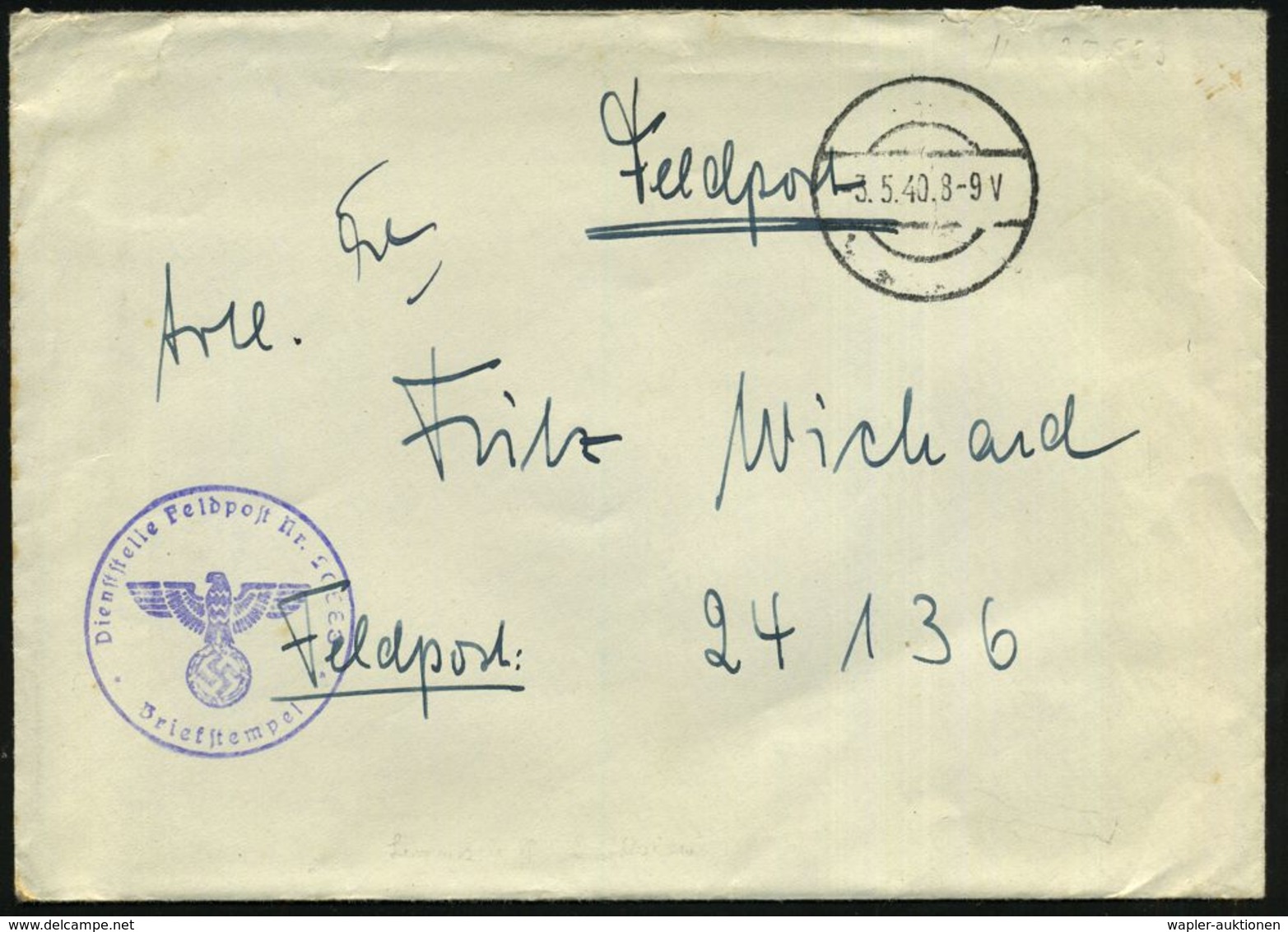 DEUTSCHES REICH 1940 (3.5.) Stummer 1K-Steg = Tarnstempel + Viol. 1K-HdN: Feldpost Nr. 20 583 = Linienschiff "Schlesien" - Maritime
