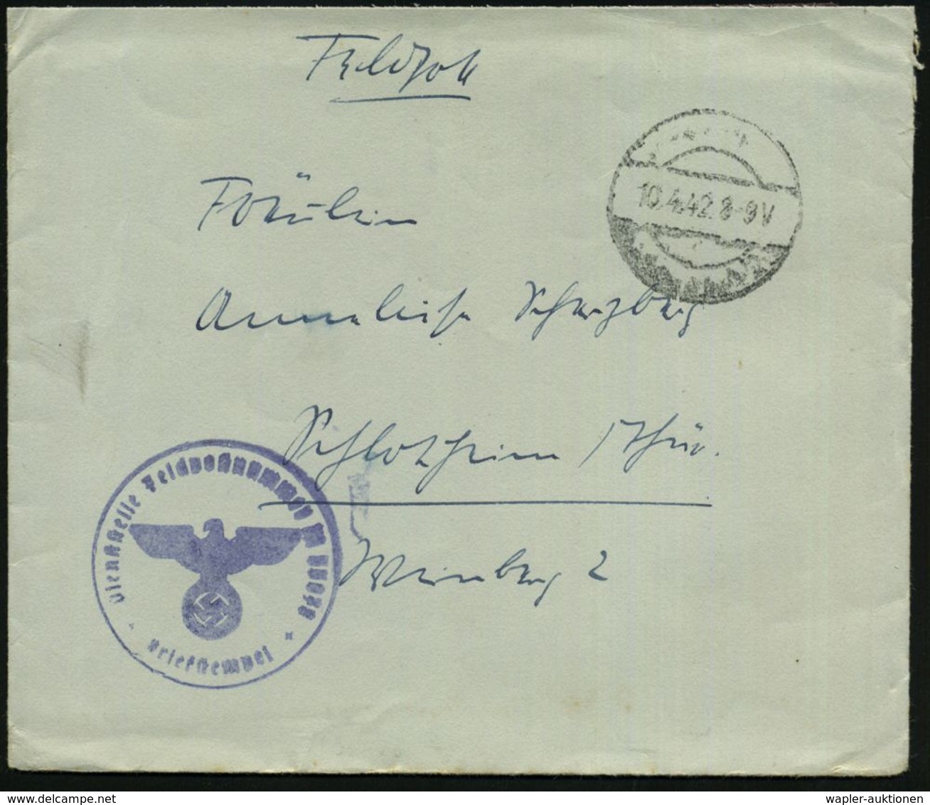 DEUTSCHES REICH 1942 (10.4.) Stummer 1K-Steg = Tarnstempel + Blauer 1K-HdN: Feldpostnr. M 35 078 = Panzerschiff "Lützow" - Maritime