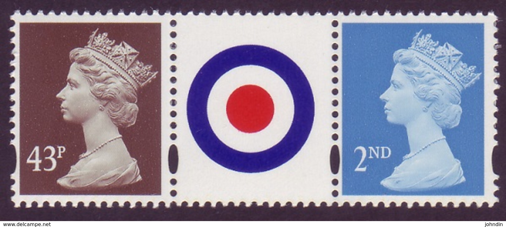 GB 43p & NVI 2nd Class Perf. 14 Machin Stamps In Strip With RAF Roundel Label In Centre UM / MNH - Machins