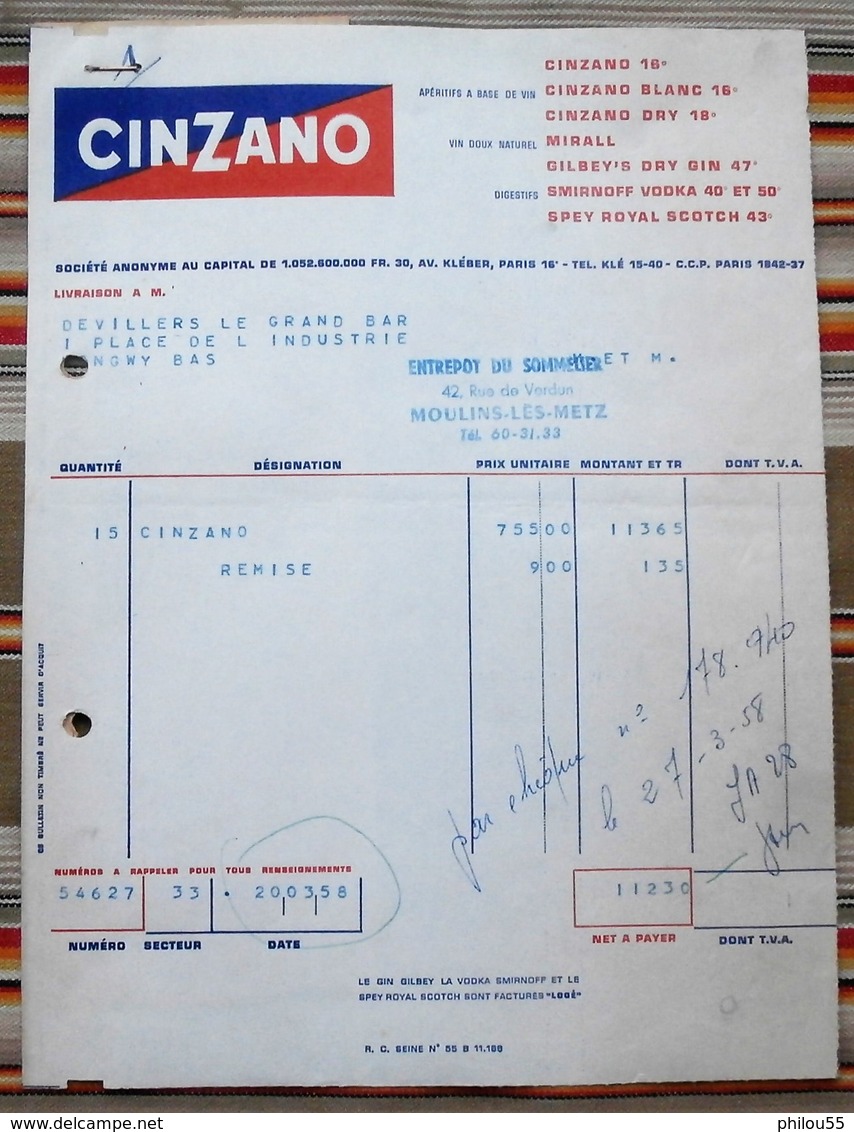 75 PARIS 16e 57 MOULINS LE METZ  CINZANO, Conges - Invoices