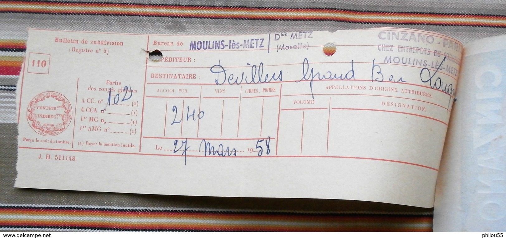 75 PARIS 16e 57 MOULINS LE METZ  CINZANO, Conges - Invoices