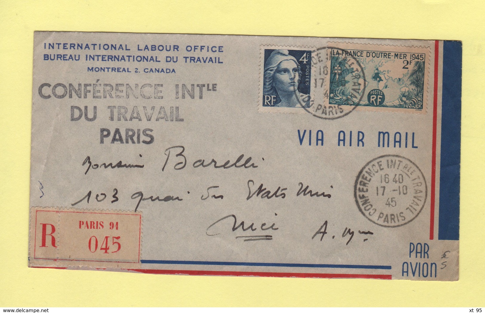 Conference Internationale Du Travail - Paris - 17-10-1945 - Recommande - Handstempel