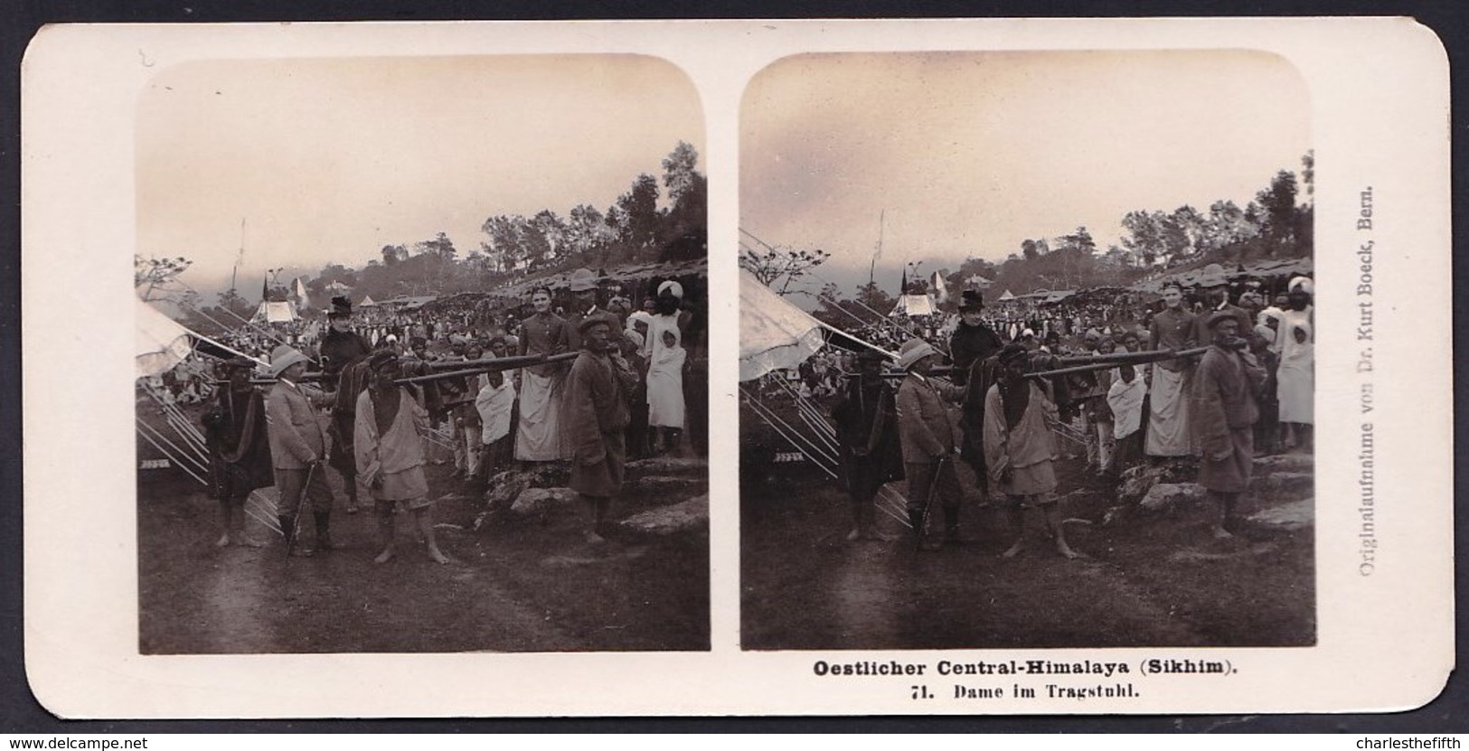 RARE  CARTE STEREOSCOPIQUE OESTLICHER CENTRAL HIMALAYA - SIKHIM - LADY IN LITTER - ENGLISH SOLDIERS STEGLITZ BERLIN 1906 - Photos Stéréoscopiques