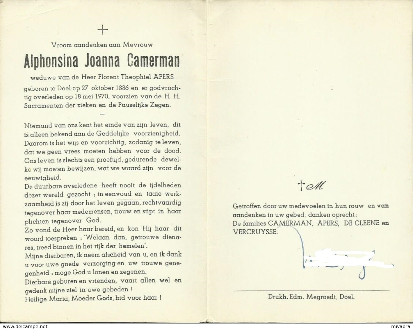Doodsprentje  Alphonsina Joanna CAMERMAN Wwe Florent APERS ° 1886 - † 1970 DOEL Drukh. Edm. Megroedt - Religione & Esoterismo