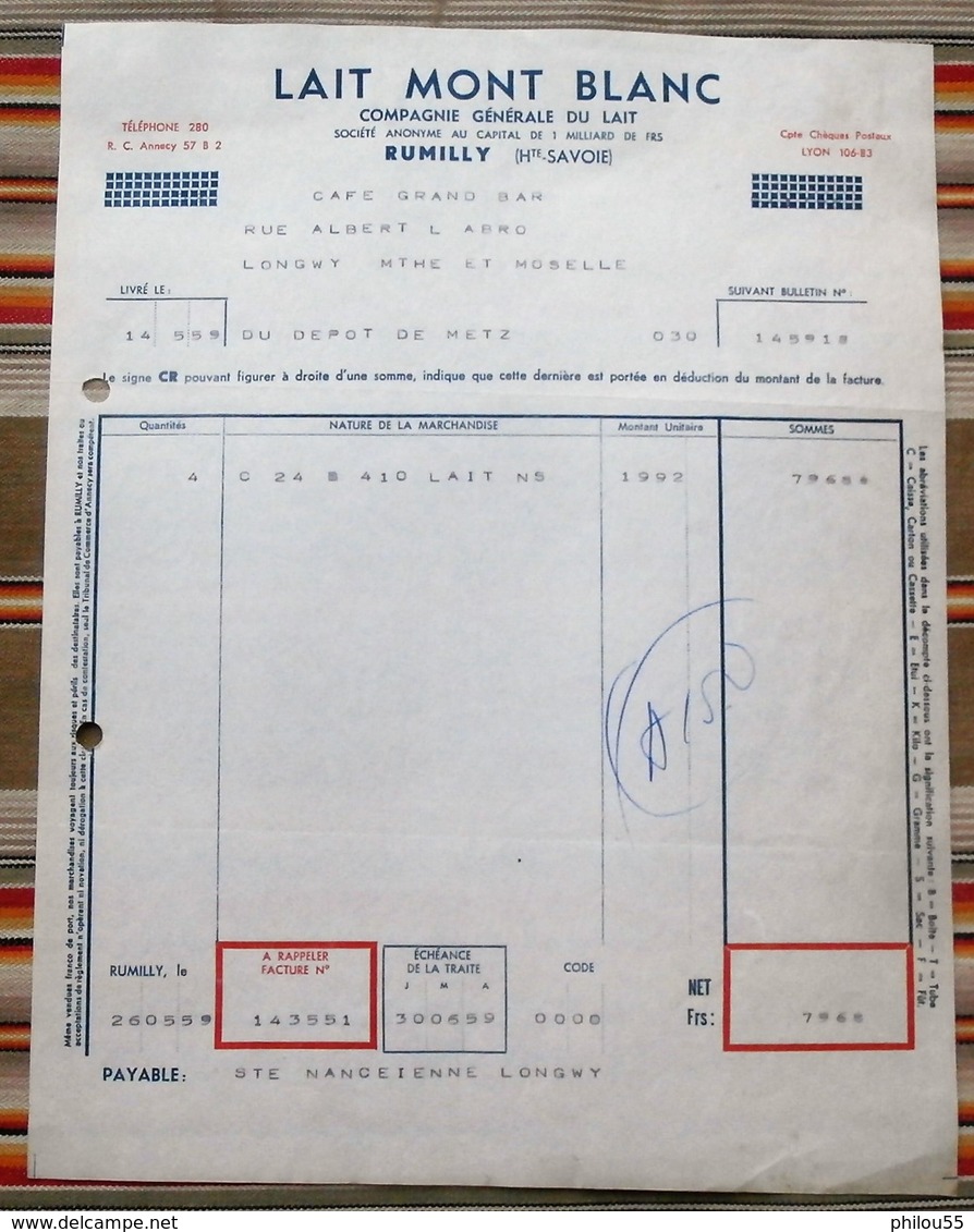 74 RUMILLY  Lait MONT BLANC 57 Metz - Factures