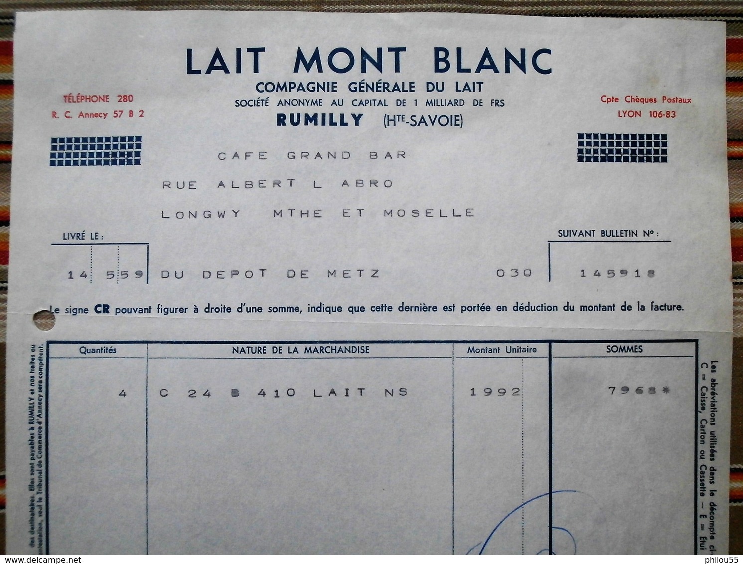 74 RUMILLY  Lait MONT BLANC 57 Metz - Factures