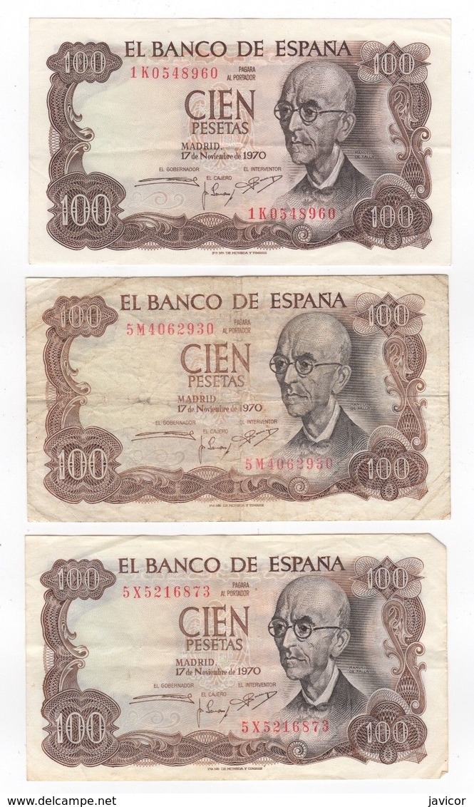 1970 Tres Billetes 100 Pesetas Distintas Calidades SC - EBC - Usado - [ 4] 1975-… : Juan Carlos I