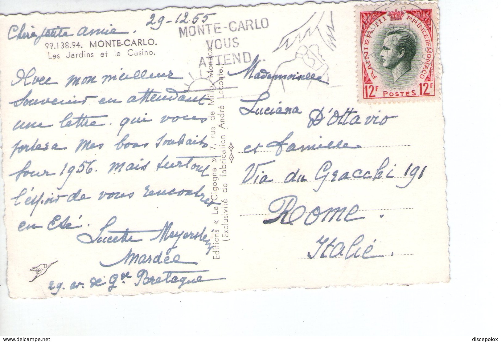 U3521 Postcard 1955 MONTECARLO, LES JARDINS ET LE CASINO + NICE STAMP _ ED LA CICOGNE - Monte-Carlo