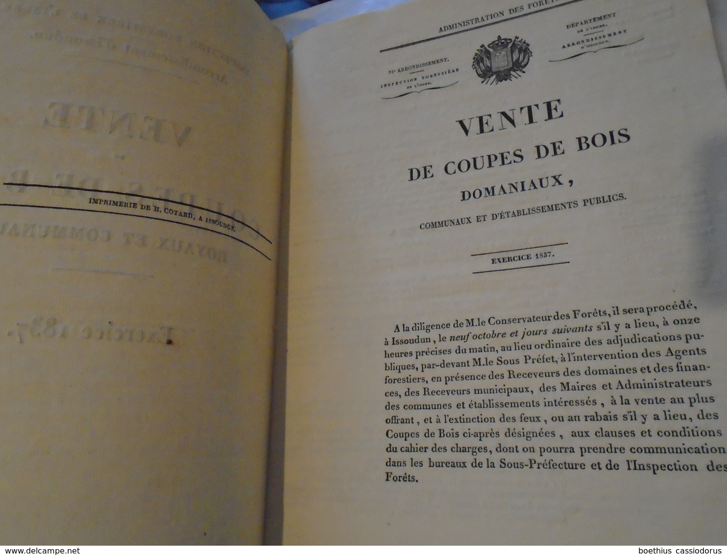 INSPECTION FORESTIERE DE L 'INDRE ARRONDISSEMENT D'ISSOUDUN  VENTE DE COUPES DE BOIS ROYAUX ET COMMUNAUX  EXERCICE 1837 - Centre - Val De Loire