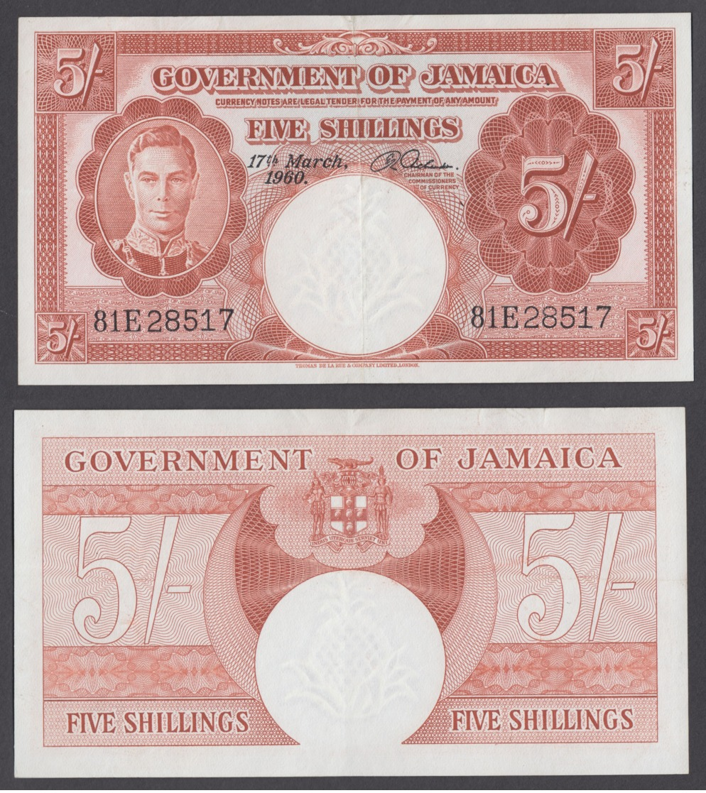 Jamaica 5 Shillings 1960 (VF++) Condition Banknote P-45 KGVI - Jamaique