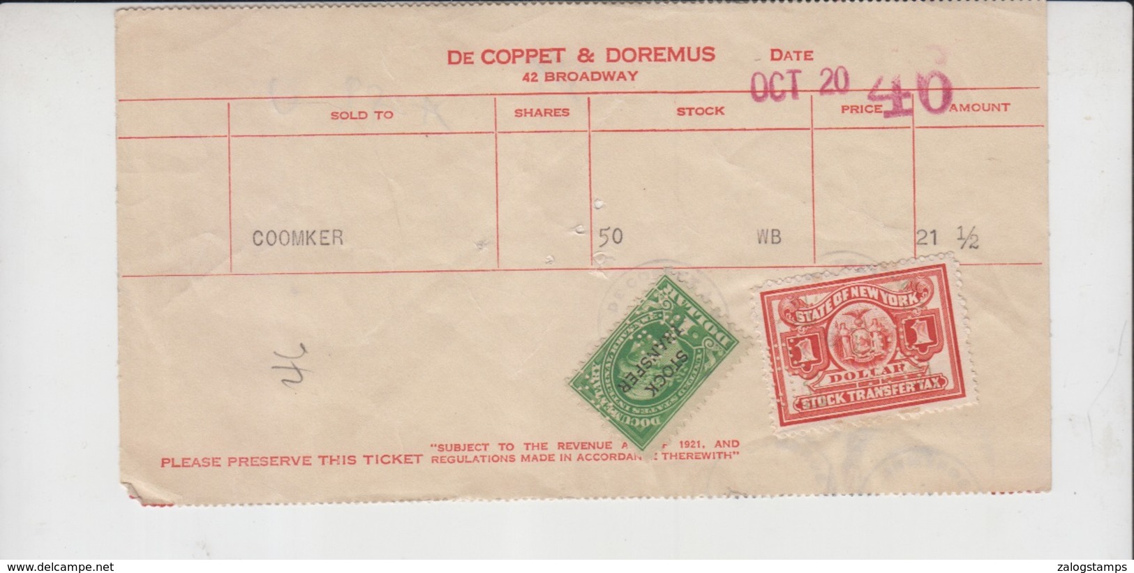 USA Document Revenue Stamps On, Around 1930   (A-99V) - Brieven En Documenten