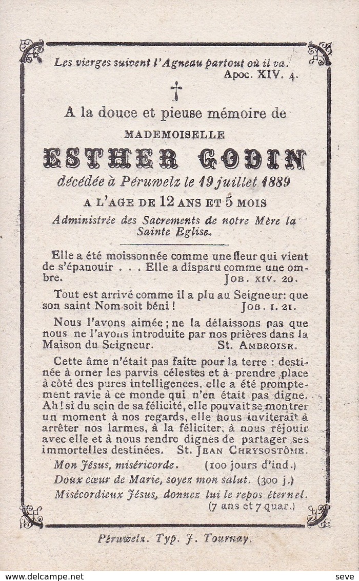 PERUWELZ Esther GODIN  12 Ans 1889 Souvenir Mortuaire - Overlijden