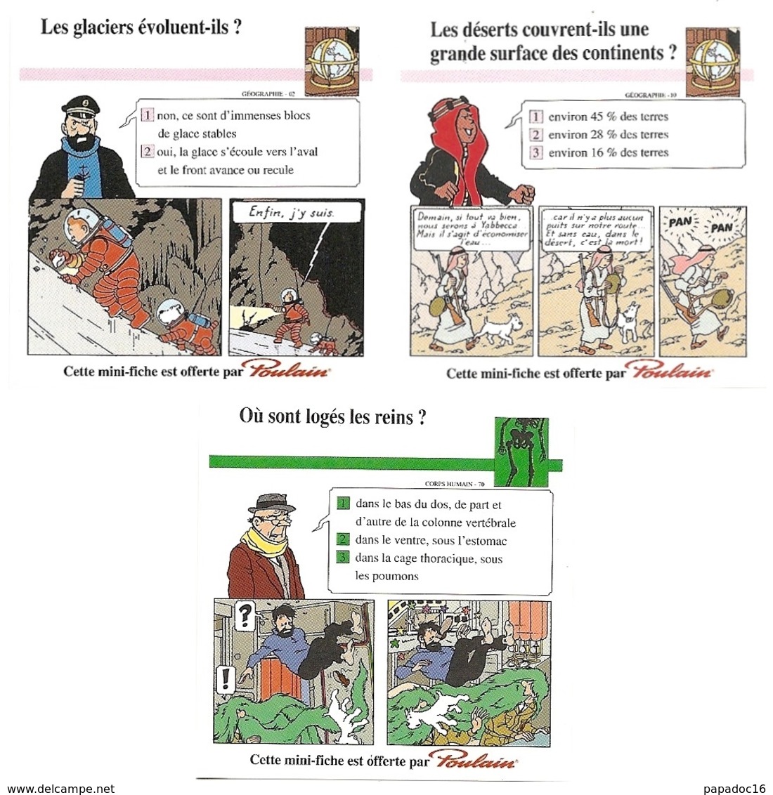 Lot De 3 Mini-fiche Offerte Par Le Chocolat Poulain : N° 02, 20, 70 - Illustration Hergé [Tintin - Dupondt, Alcazar...] - Sammelbilder