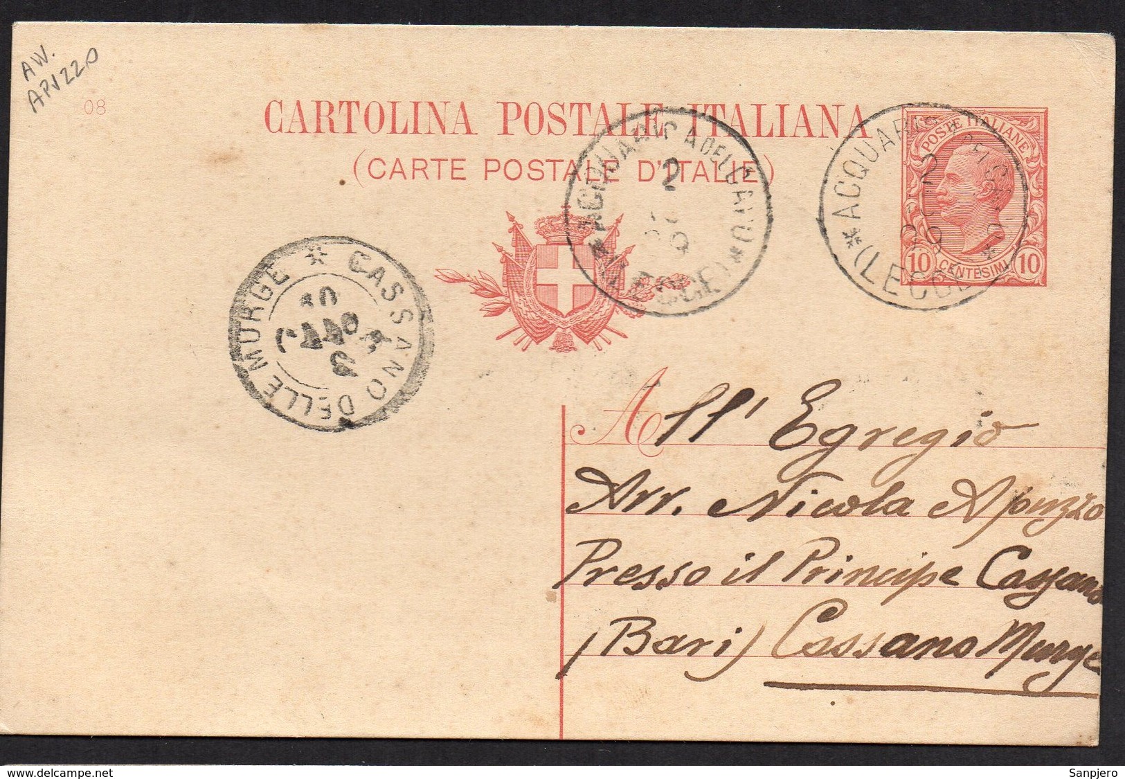 ITALY ITALIA ITALIEN 1909. POSTCARD CARTOLINA POSTALE, CASSANO DELLE MURGE ACQUARICA DEL CAPO - Altri & Non Classificati