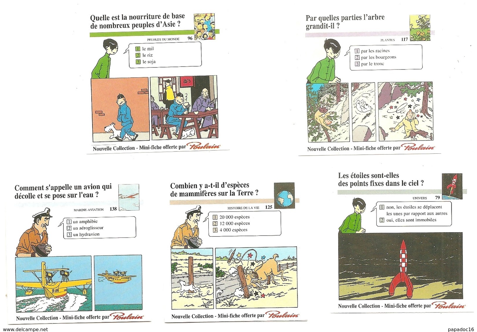Lot De 5 Mini-fiche Offerte Par Le Chocolat Poulain : N° 79, 96, 117, 125, 138 - Illustration Hergé [Tintin - Tchang... - Chromos