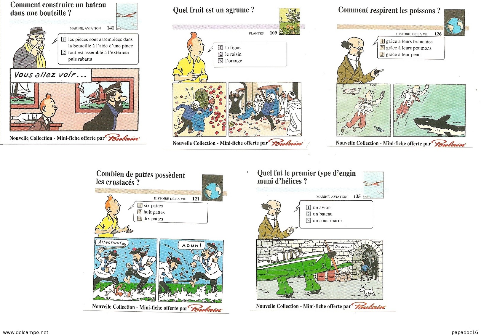 Lot De 5 Mini-fiche Offerte Par Le Chocolat Poulain : N° 109, 121, 126, 135, 141 - Illustration Hergé [Tintin - Tchang.. - Chromos