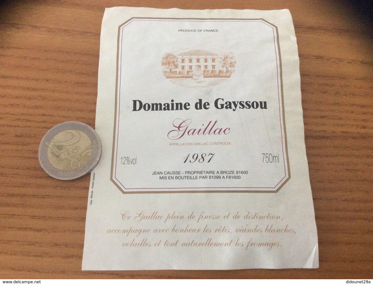 Etiquette De Vin 1987 «GAILLAC - Domaine De Gayssou - JEAN CAUSSE - BROZE (81)» - Gaillac