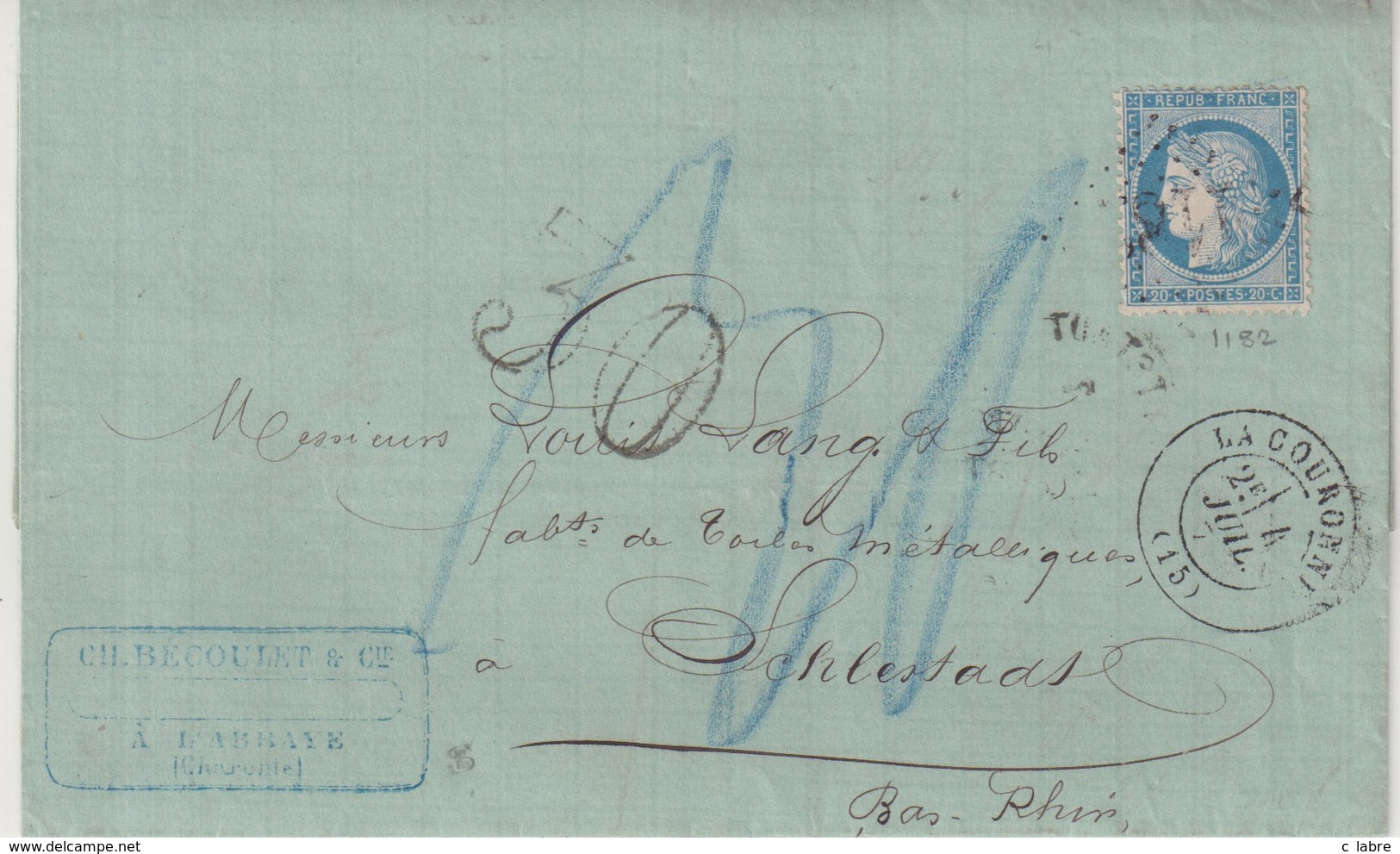 FRANCE : GC 1182 .  " LA COURONNE " . (15) . N° 37 . POUR SELESTAT. TAXE 30 AU TAMPON ET CRAYON BLEU . 1871 . - 1849-1876: Classic Period