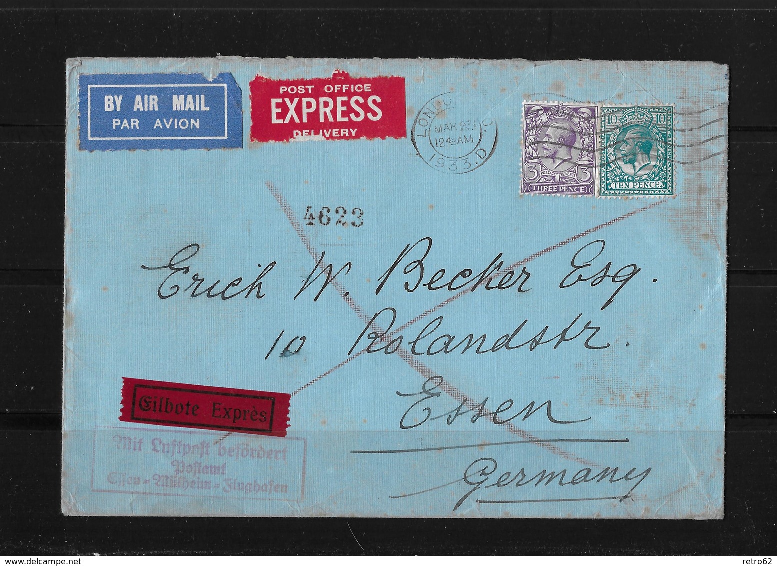 Great Britain  → AIR MAIL Express Letter London To Essen 1933 - Entiers Postaux