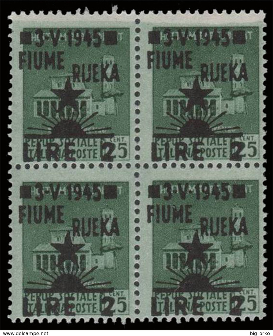 Occupazione Jugoslava: FIUME - Monumenti Distrutti: Lire 2  Su 25 C. Verde (Blocco Di Quattro) - 1945 - Yugoslavian Occ.: Fiume