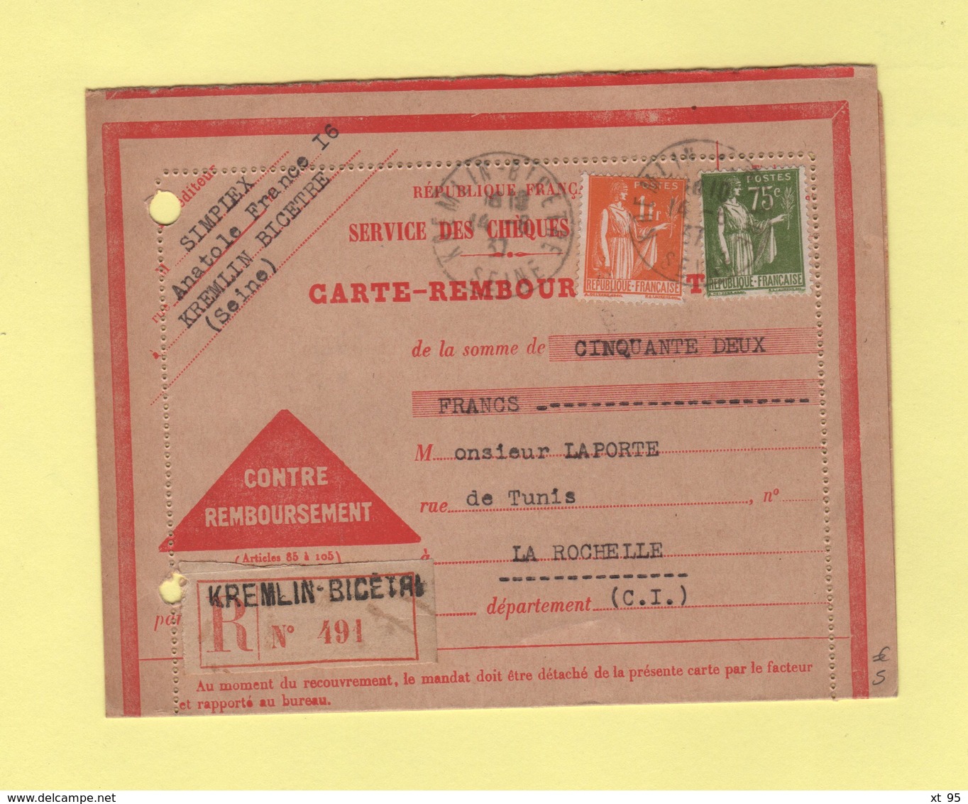 Type Paix - Service Des Cheques Postaux - Contre Remboursement - Kremlin Bicetre - 1937 - 1921-1960: Modern Period