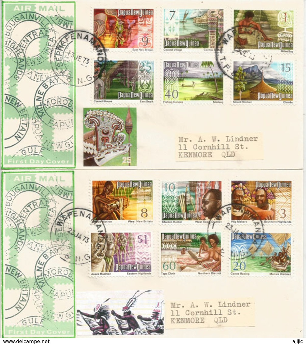 Nouvelle Série Definitive 1973 (Peche Au Requin,chasse Aux Crocodiles,danse Du Feu,etc) Deux FDC's Forte Côte - Papouasie-Nouvelle-Guinée