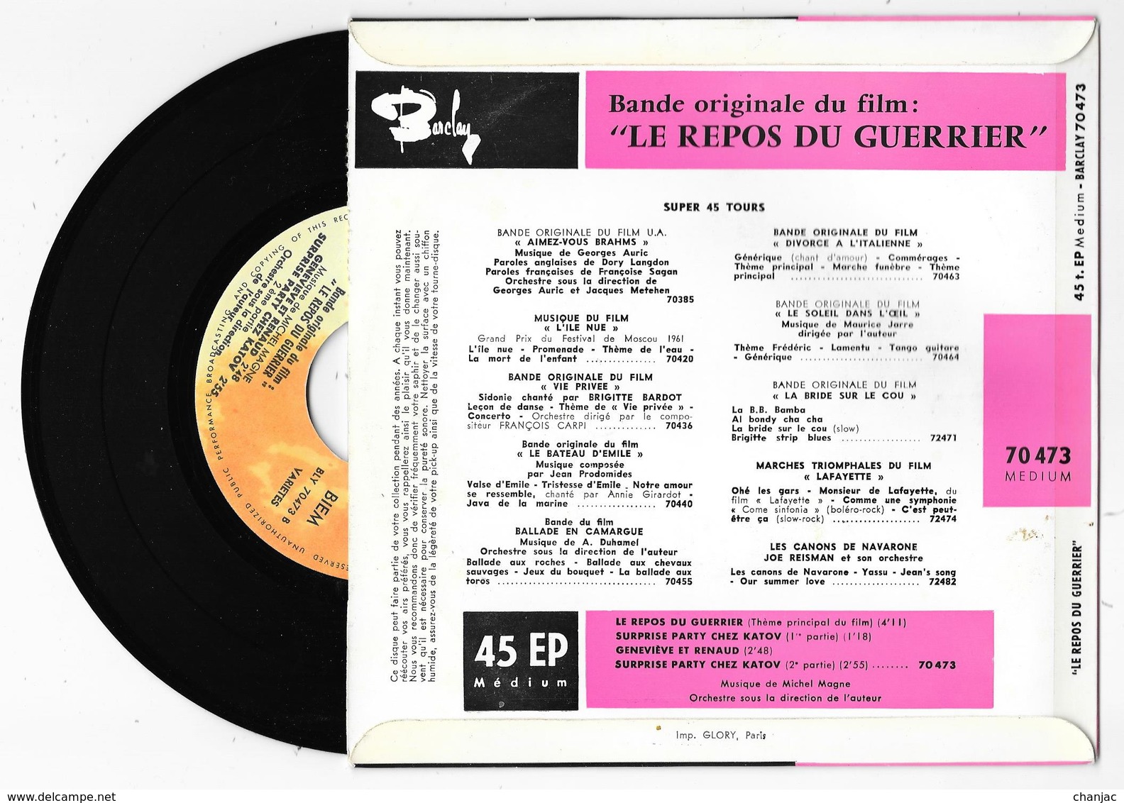 45 Tours MICHEL MAGNE BO Du Film Le Repos Du Guerrier Avec Brigitte Bardot  -  Barclay 70473 De 1962 - Soundtracks, Film Music